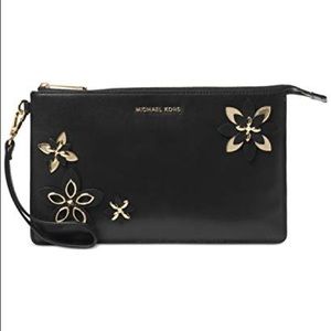 Michael Kors Large Black & Gold Floral Wristlet